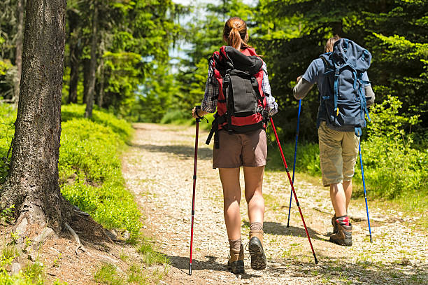 Hikers on path with trekking poles stock photo