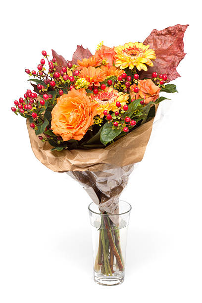 istock Vase with Autumnal Flower bouquet, Isolated on White 454057935