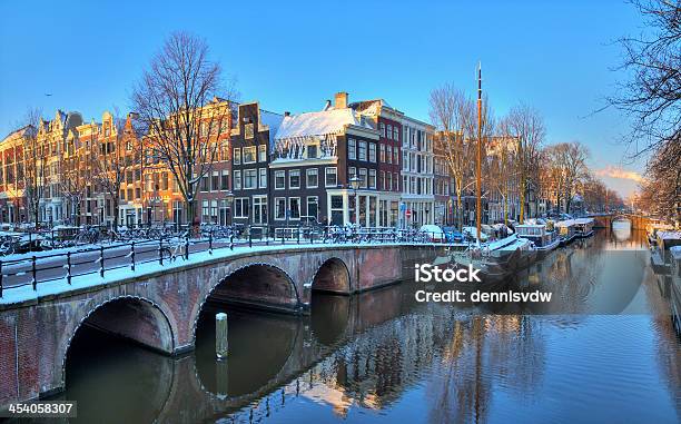 Amsterdam Morning Canal Bridge Stock Photo - Download Image Now - Amsterdam, City, Snow