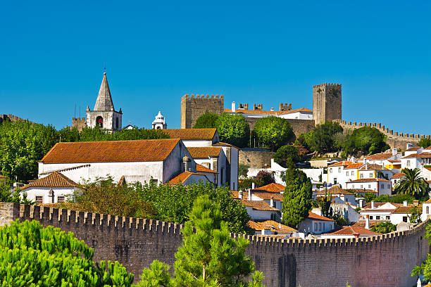 A picturesque view of the houses and a castle in Obidos View to Historic Center City of Obidos, Portugal obidos photos stock pictures, royalty-free photos & images