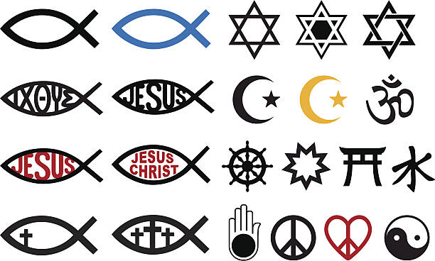 ilustraciones, imágenes clip art, dibujos animados e iconos de stock de símbolos religiosos, religión vector conjunto de signos, - religion symbol buddhism fish