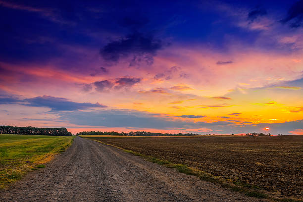 istock Road in meadows and beautiful sunset 454070585