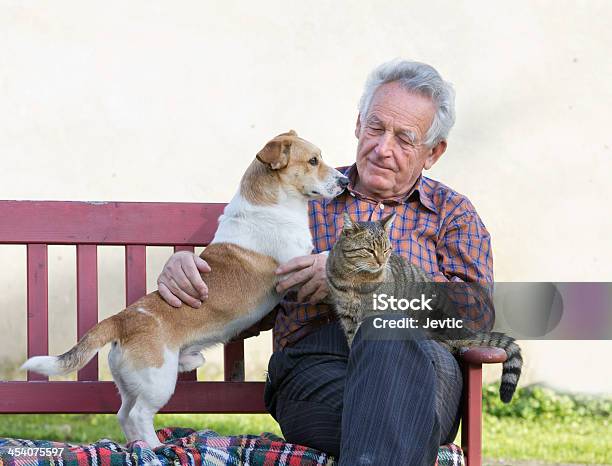 Photo libre de droit de Vieil Homme Avec Ses Animaux De Compagnie banque d'images et plus d'images libres de droit de Chat domestique - Chat domestique, Chien, S'enlacer