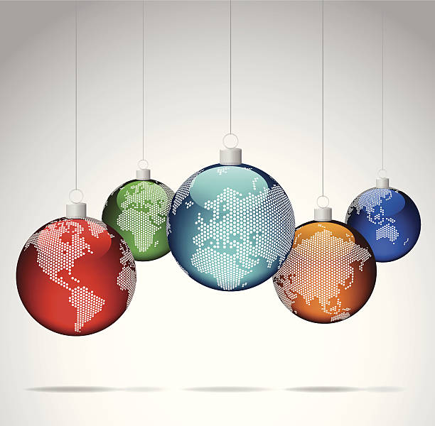 illustrazioni stock, clip art, cartoni animati e icone di tendenza di palle di natale con mondo mappa punteggiata - christmas australia asia globe