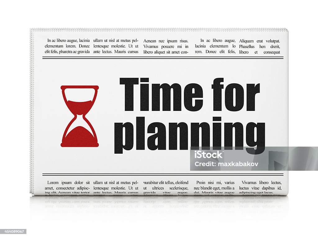 Timeline news concept: newspaper with Time for Planning Timeline news concept: newspaper headline Time for Planning and Hourglass icon on White background, 3d render Article Stock Photo