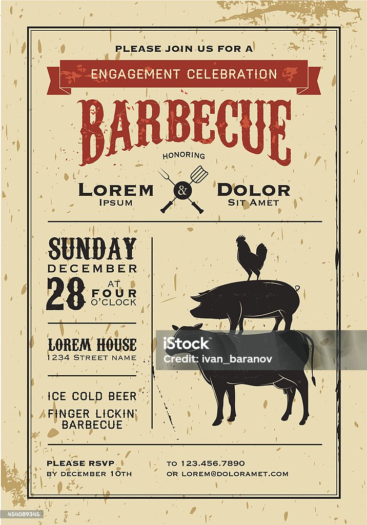 Vector illustration of vintage invitation card Vintage barbecue invitation card on old grunge paper. Barbecue Grill stock vector