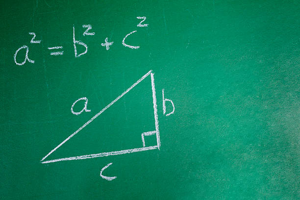 Mathematics Green classroom board with Pythagoras Theorem chalked in algebraic symbols and illustrated with a right angled triangle. pythagoras stock pictures, royalty-free photos & images