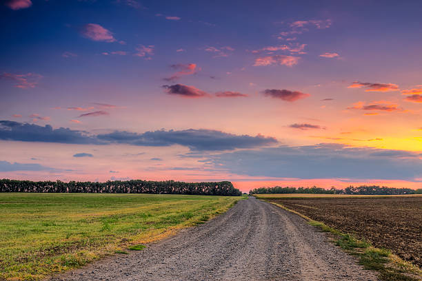 istock Road in meadows and beautiful sunset 454100703
