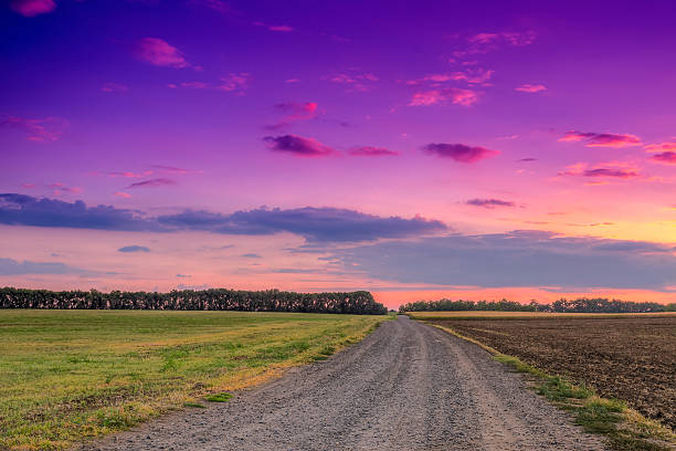 istock Road in meadows and beautiful sunset 454100849
