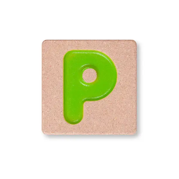 Letter P on wooden block isolated on white background