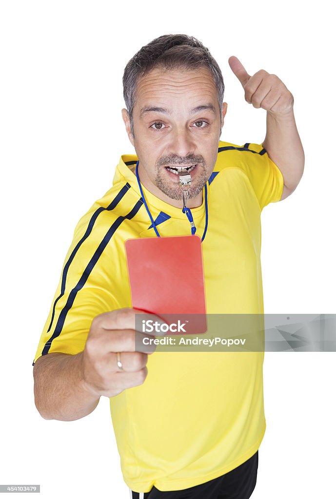 Arbitro di calcio Mostra rosso carta di - Foto stock royalty-free di Abbigliamento troppo grande