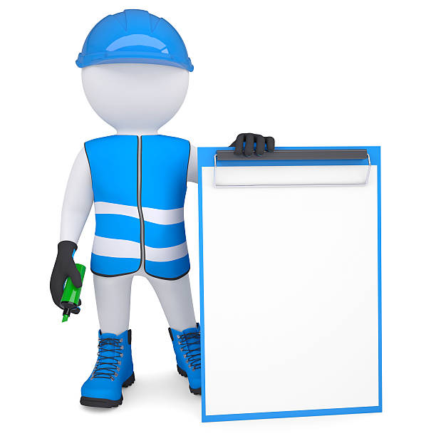 istock 3d man in overalls with checklist and a marker 454103693