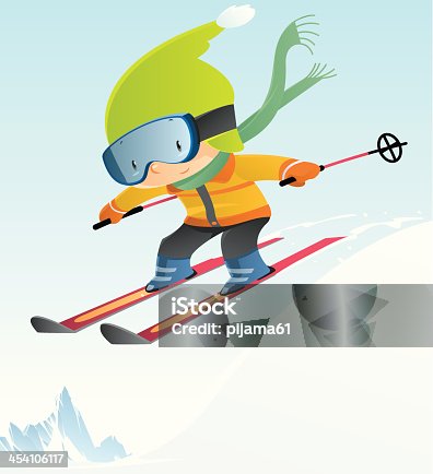 istock Cartoon of boy skiing in mid-air jump 454106117