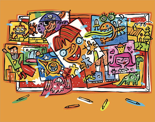 Mural with lots of children's drawings. Collage. Crafts. Drawings of children stuck in overhead lights. Children drawing of a pirate. Children drawing aliens and superheroes. Drawings of princesses and crazy robots. Pencils tarabajos manuals. Color papers and couche paper. Zeal to paste the pictures on the wall. Creativity and creative work of young artists and students drawing. Exposure of many drawings and class work. creación stock illustrations