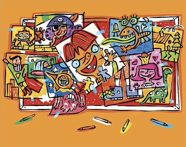 Vector illustration of Mural with lots of children's drawings. Collage.