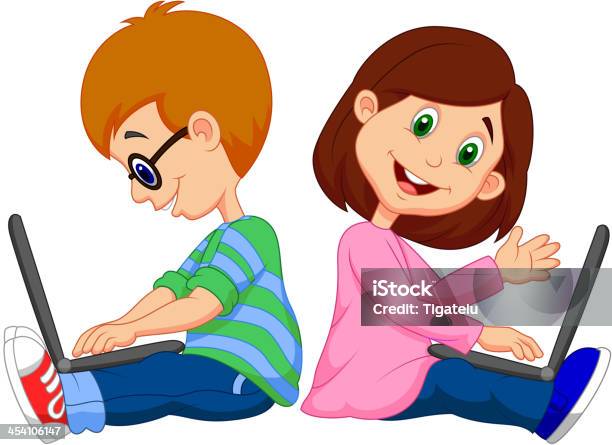 Cartoon Boy And Girl Studying With Laptop Stock Illustration - Download Image Now - Adult, Boys, Cartoon