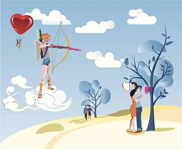 Vector illustration of Cupido and a Lover Couple