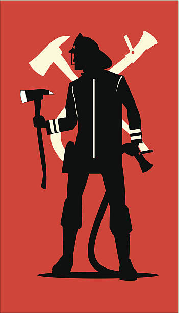 Firefighter silhuette, holding an axe and sprinkler vector art illustration