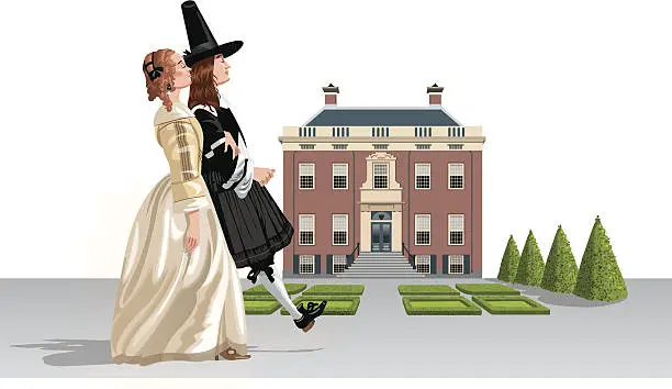 Vector illustration of 17th century couple walking country house