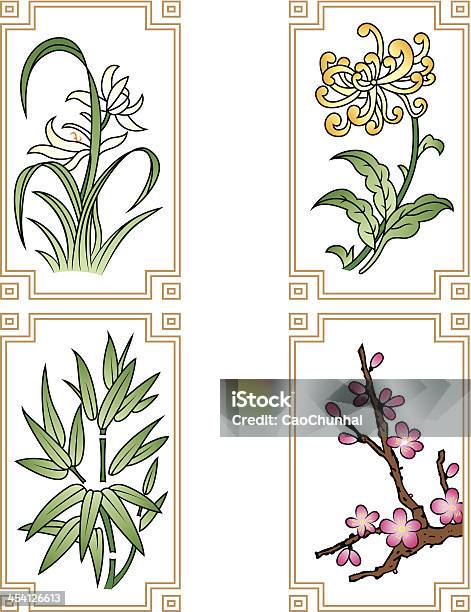 Vier Kollegen Blumen Stock Vektor Art und mehr Bilder von Bambus - Graspflanze - Bambus - Graspflanze, Chinesische Kultur, Chrysantheme