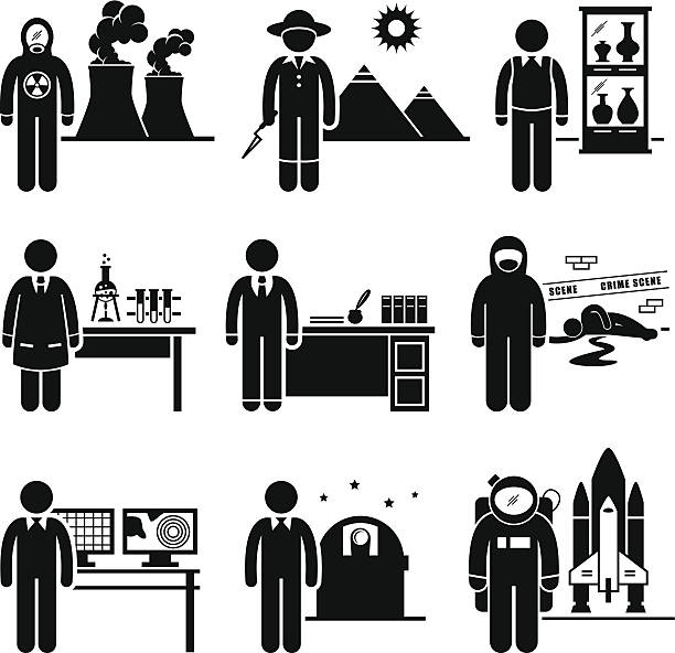 Scientist Professor Jobs Occupations Careers A set of pictograms representing the jobs and careers in science industry. They are nuclear scientist, archaeologists, museum curator, chemist, historian, forensic, meteorologist, astronomer, and astronaut. astronaut silhouettes stock illustrations