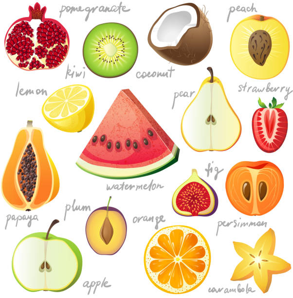 ilustrações de stock, clip art, desenhos animados e ícones de frutos - fig apple portion fruit