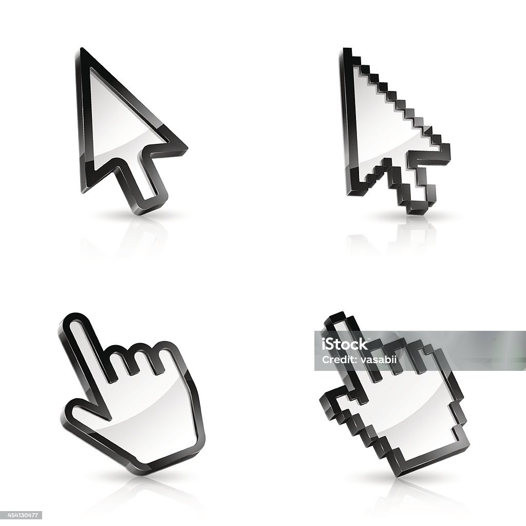 Four vector mouse pointers, two arrows and two hands Vector illustration of four types of mouse pointers on white background Computer Mouse stock vector