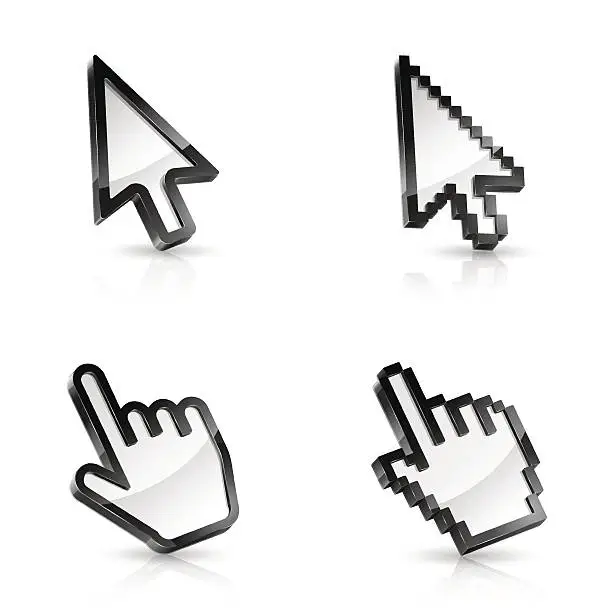 Vector illustration of Four vector mouse pointers, two arrows and two hands