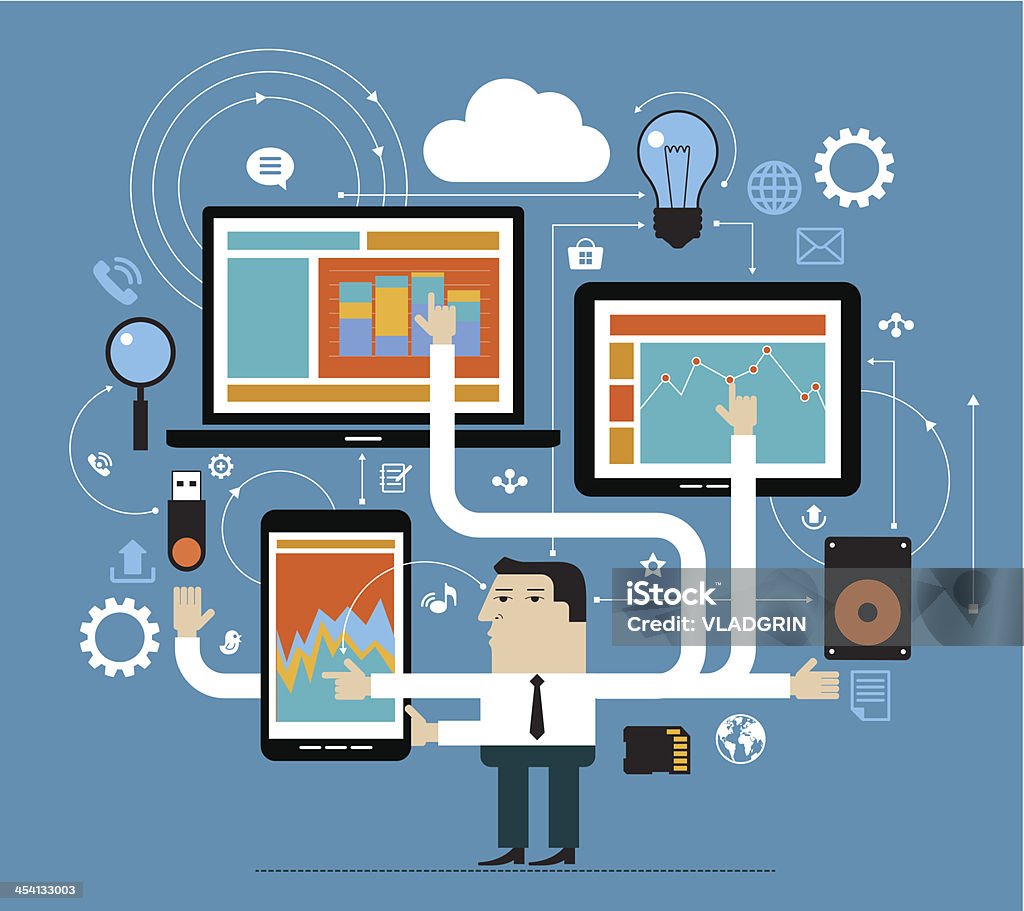 Businessman in network Business people in the online space. Network concept. Abstract illustration of man, computer, tablet, phone and interface icons. Business technology. The source of the map used for reference:hhttp://www.evl.uic.edu/pape/data/Earth/. Drawing in Adobe Illustrator.The date file was created: 15.06.2011. Business stock vector