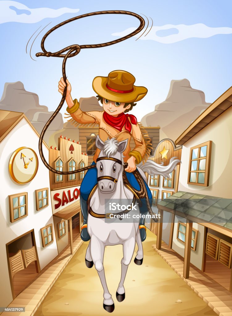 Villaggio con giovane ragazzo con un cavallo equitazione - arte vettoriale royalty-free di Affari