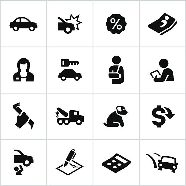 ilustraciones, imágenes clip art, dibujos animados e iconos de stock de seguro de coche iconos negro - insurance car insurance agent auto accidents