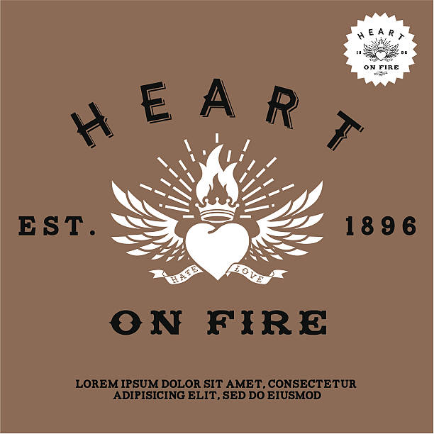 Vintage Looking Brown and White Label of Heart On Fire  vintage label with heart, crown, fire(T-Shirt Print) wings tattoos stock illustrations