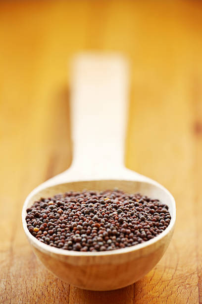 istock Brown mustard seeds in wooden spoon 454142219