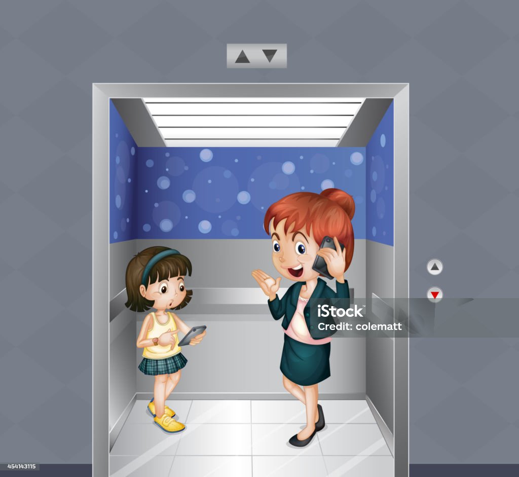 Femme et un enfant dans l'ascenseur - clipart vectoriel de Adulte libre de droits