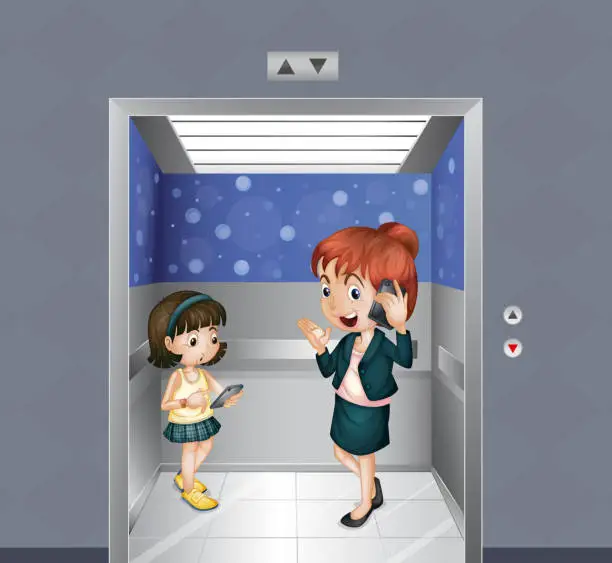 Vector illustration of Woman and a child at the elevator