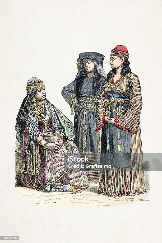 Mulheres de damasco em 1870, da roupa tradicional - Ilustração de Acessório de Vestuário Histórico royalty-free