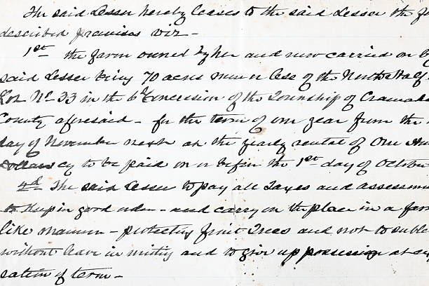 Historic Legal Text Document Script Historic legal text document script from the 1800's describing the sale of property - no proprietary information contained. calligraphy photos stock pictures, royalty-free photos & images