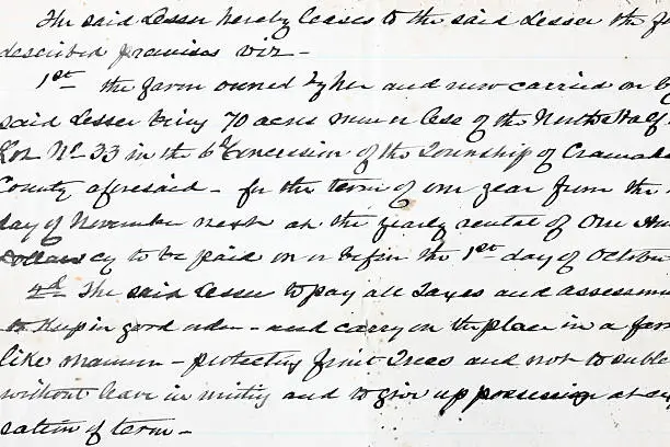 Historic legal text document script from the 1800's describing the sale of property - no proprietary information contained.