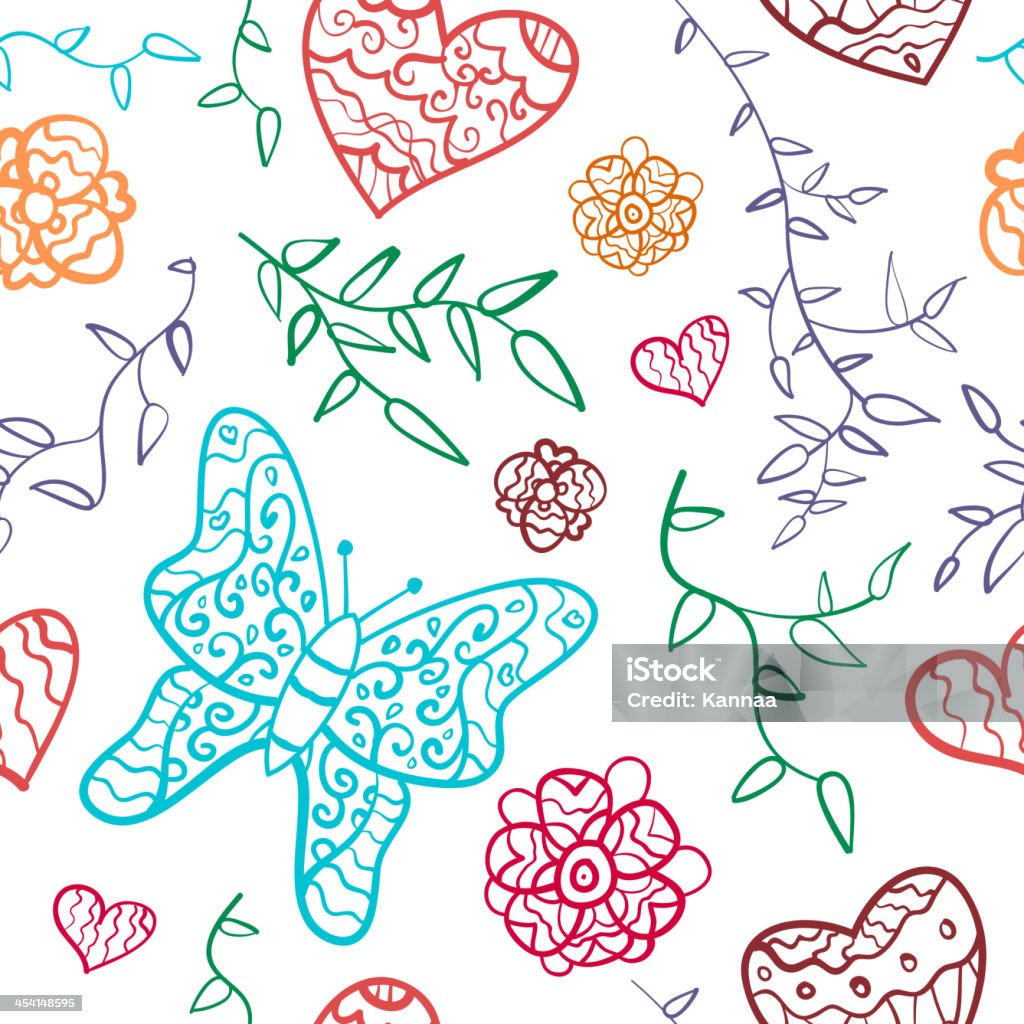 Floral seamless pattern com flores corações e borboletas. - Vetor de Abstrato royalty-free