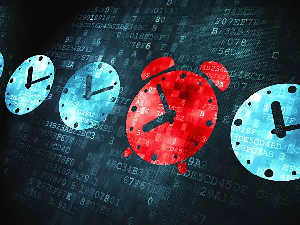 Photo of A series of red & blue alarm clocks on a digital background