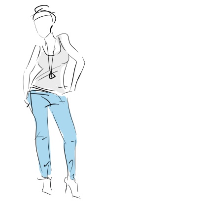 Conceptual women in t-shirt and jeans, fashion hand drawing sketch