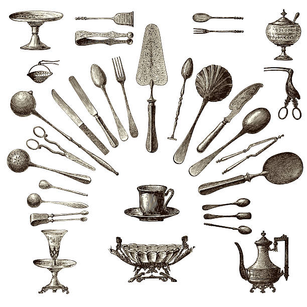 티 시간 - serving utensil stock illustrations