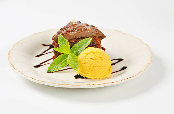 istock Chocolate cake with lemon ice cream 454158095