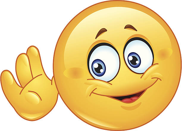 Listening emoticon Emoticon holds his hand near his head and listening something ears white background stock illustrations