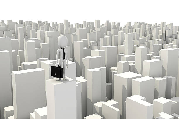 istock 3d man businessman standing on the rooftop of s kyscraper 454161593