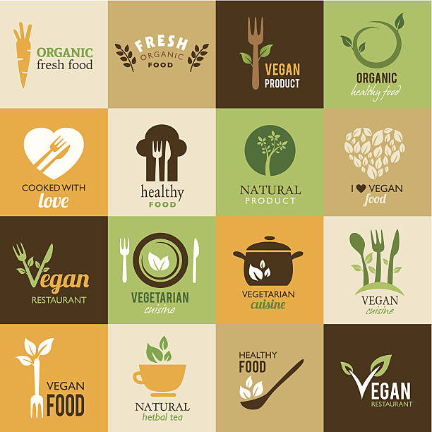 kolekcja wegetariańskie i organicznych ikon - spoon vegetable fork plate stock illustrations