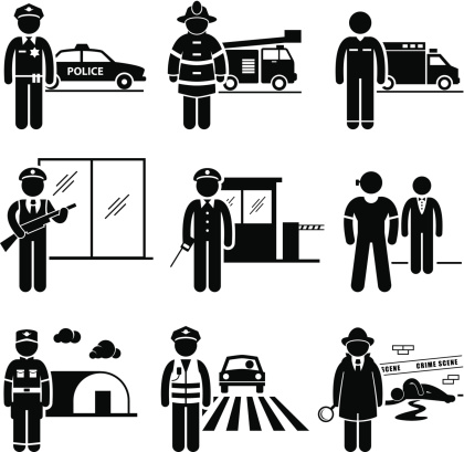 A set of pictograms representing the jobs and careers in public safety and security. They are policeman, fireman, EMT (Emergency Medical Technician), security guard, watchman, bodyguard, army, traffic officer, and detective.