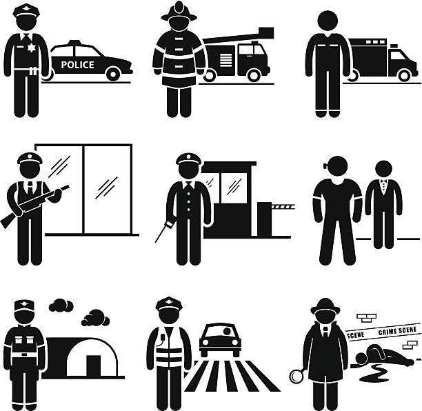 Public Safety and Security Jobs Occupations Careers A set of pictograms representing the jobs and careers in public safety and security. They are policeman, fireman, EMT (Emergency Medical Technician), security guard, watchman, bodyguard, army, traffic officer, and detective. police stock illustrations