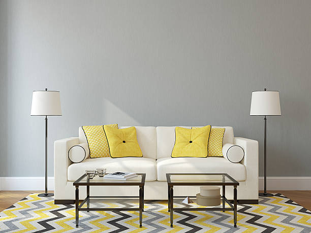 istock White sofa against gray wall with glass tables 454174171