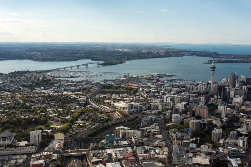 an aerial shot showing Auckland's harbour and centre